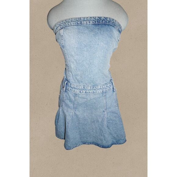 ZARA TRF Strapless Pleated Denim Mini Dress XL NWT | Y2K Corset Tube Style - Picture 1 of 14